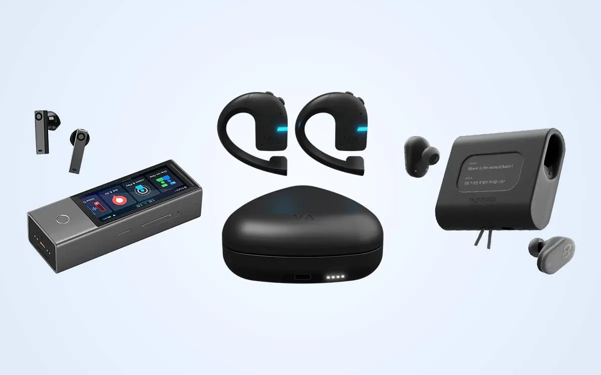 Comparação de auscultadores tradutores: Vasco Translator E1, Timekettle WT2 Edge e Mymanu CLIK Pro.